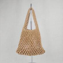 Solid Color Hollowed-Out Hand-Woven Shoulder Bag, Stylish Hand-Woven Handbag With Exquisite Single Strap Mesh Design, Perfect For Beach Vacations Or Summer Trips, Light And Breathable, Showing A Natural Casual Style