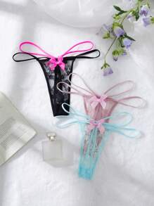 3 piezas Bragas tipo tanga sexy con encaje y lazo para mujeres
