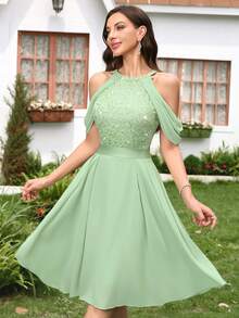 MIUSOL Sequin Floral Lace Halter Neck Chiffon Pleated Hem Prom Party Swing Dress, Summer Women Dress, A-Line Dress, For Homecoming, Graduation, Birthday - Mint Green - View 5