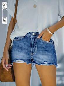 Women's Summer Casual Washed Ripped Denim Shorts - Medium Wash - View 1