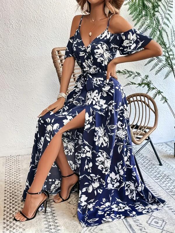 Damen Blumen Muster Boho elegantes Kleid mit Off-Shoulder, Spaghettiträger und Schlitz, Sommer