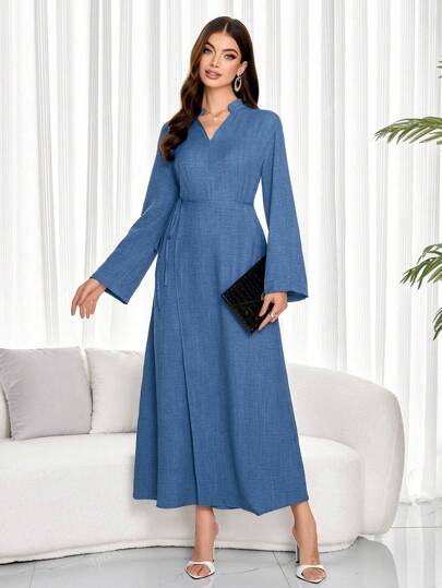 Women Elegant Bule V Neck Long Sleeve Wrap Hem Knot Side Long Dress