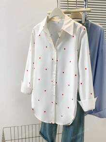 Women's Allover Heart Print Polo Collar Shirt - Oversized Button-Up Front Long Sleeve Top For Casual To Dressy Essentials, Spring Summer Fall All-Season Capsule Wardrobe