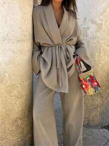 Conjunto de 2 piezas de pantalones con cintura ajustable y casuales + cardigan de manga larga, de unicolor para el verano