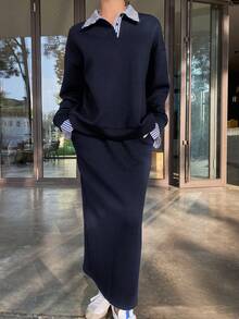 Jeta Ari 2pcs Women Contrast Color Splicing Loose Long Sleeve Sweatshirt & Straight Skirt Set - Navy Blue - View 7