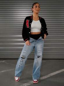 SAYEHFBABY 长袖休闲字母贴花运动夹克 - 黑色 - 查看 6