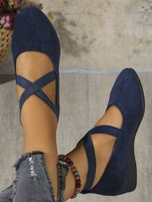 Calzado de mujer 2025 Primavera y Verano Tallas grandes Estilo retro europeo y americano con cuña Slip-On Puntera redonda con tiras elásticas cruzadas - Azul - Ver 6