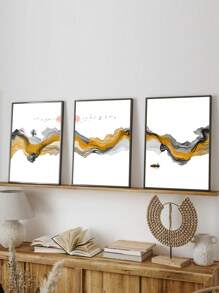 Juego de 3 piezas, con/sin marco, pintura impresa de alta calidad, estilo moderno, paisaje chino, elementos de tinta, líneas abstractas, amanecer y atardecer, pájaros, barcos, el sol, montañas, póster artístico, decoración de hogar, pintura decorativa, adecuado para sala de estar, sofá, cama, pasillo, dormitorio, baño, oficina, regalo artístico perfecto