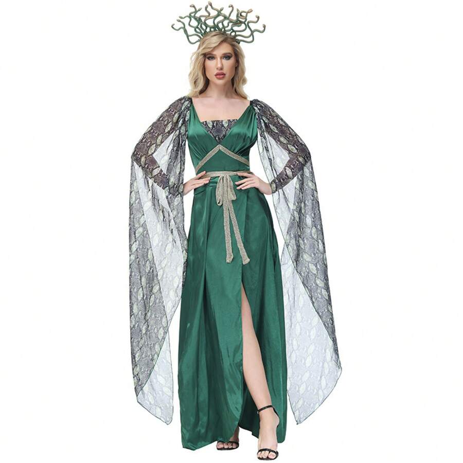 Halloween Performance Costume Export Version Dark Green Snake Print Split Long Dress Mythical Siren Medusa Costume