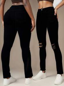Women's Y2K Low Waist Non Elastic Loose Straight Leg Jeans, Paired With Torn Hole Decoration, Suitable For Street Hip-Hop, Parties, Birthday Parties, Rap, Music Festivals, Concerts, Rebellious Girls - 黑色 - 查看 1