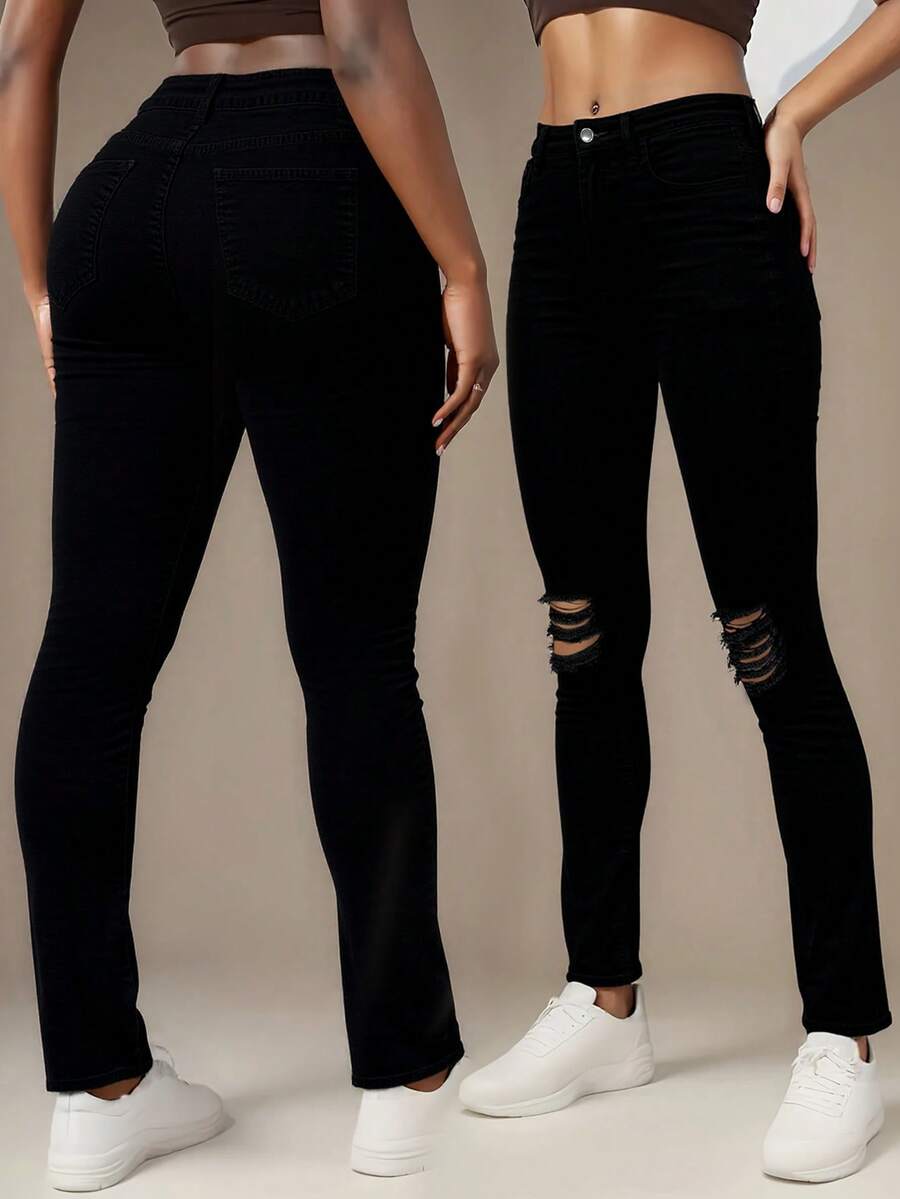 Women's Y2K Low Waist Non Elastic Loose Straight Leg Jeans, Paired With Torn Hole Decoration, Suitable For Street Hip-Hop, Parties, Birthday Parties, Rap, Music Festivals, Concerts, Rebellious Girls - 黑色 - 查看 1