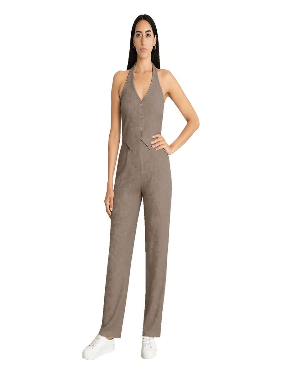 Conjunto De Mujer 2 Piezas, Chaleco Halter, Pantalón Recto - Marrón Chocolate - Ver 1