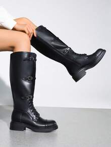 Women's  Black Motorcycle Boots Side Zipper Knee High Boots Square Toe Chunky Low Heel Buckle Decorated Straps Fashion Retro Riding Boots - 黑色 - 查看 4
