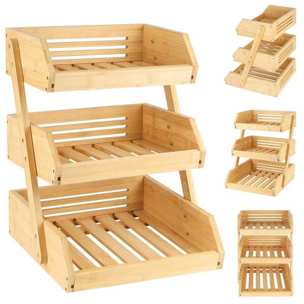 Cesta de frutas de bambú de 30 x 33 x 41 cm, cesta para servir de 3 niveles, frutero y cesta de almacenamiento natural, estante para exhibición de refrigerios, perfecto para frutas, verduras, refrigerios, artículos para el hogar y más. Bambú