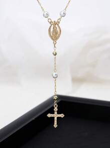1pc Vintage Cross & Virgin Mary Pendant Y-Necklace With Faux Pearl, Women Accessory For Party And Everyday Wear (Random Pearl Quantity)