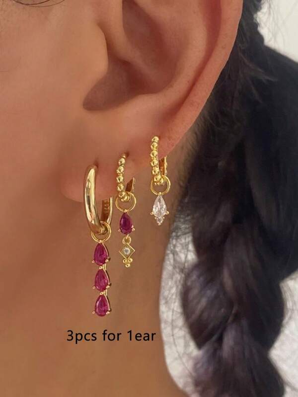 Set van 3 elegante oorbellen met roze zirkonia en kristallen waterdruppelhangers, geschikt voor dagelijks gebruik, dates, feestjes, festivals en cadeaus voor vrouwen.