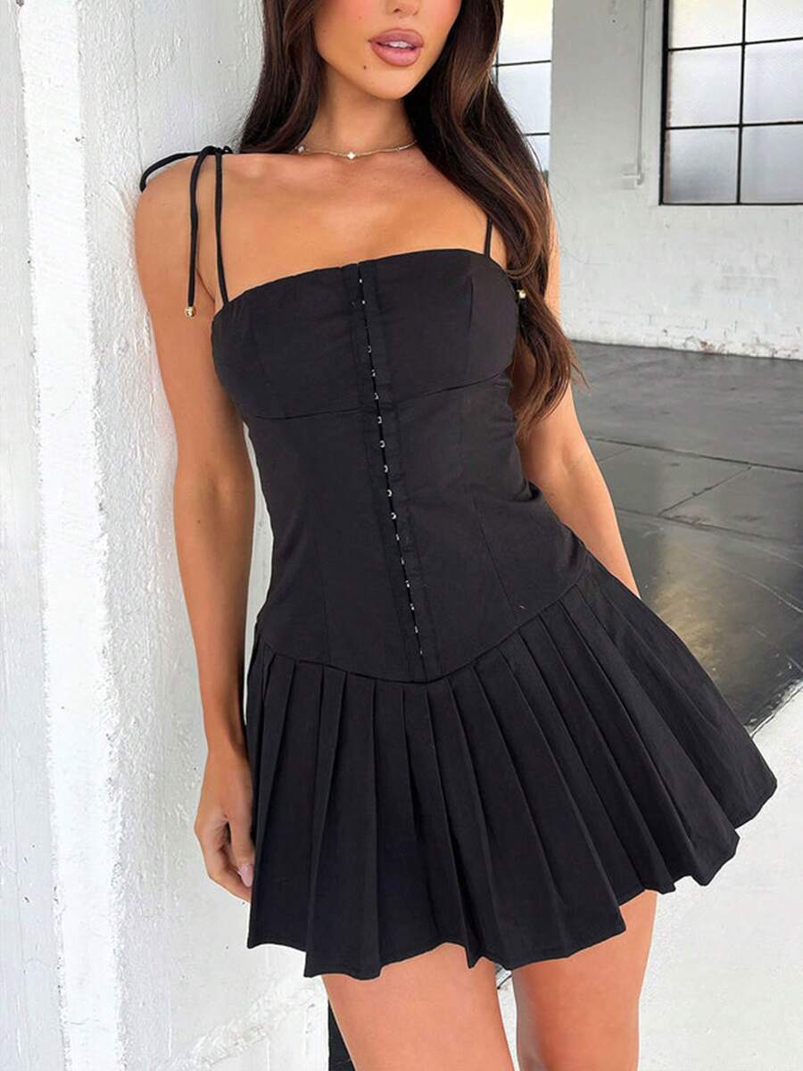 Women Corset Mini Pleated Dress Y2K Sleeveless Tie Shoulder Slim Fit A-Line Short Sundress White Graduation Dress - 黑色 - 查看 1