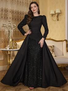 UNITHORSE Round Neck Sequin Patchwork Polyester Waist Fitted Solid Color Fishtail Evening Dress, Bride Dress, Birthday Women Outfits, Graduation Dress, Formal Dress. Fall Women Clothes - màu đen - Xem 3