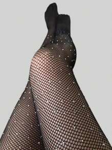 2 piezas Medias de mujer talla grande con brillantes de rhinestone y diseño de red, ajuste ceñido, elásticas, adecuadas para ir de fiesta, estilo gótico, moda, versátiles, para todas las estaciones