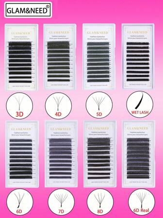 GLAM&NEED 10排D型卷翘自动开花W型3D/4D/5D/6D/7D/8D/YY/6D真睫毛/湿睫毛/5D花朵/扁平椭圆/易扇/嫁接/Jingling/Manyu/Xingyu/Yuyi/Tajian/8D R/U-YY预制扇形睫毛，快速嫁接，自然柔和，轻盈浓密。