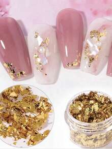 盒装 3D 超薄美甲金箔贴纸套装 - 不对称金/银箔五彩纸屑 | 面部和眼妆闪光装饰贴纸、指甲装饰、创意化妆箔闪光眼/脸宝石贴纸、舞台/新娘装饰指甲用品指甲指甲饰指甲宝石