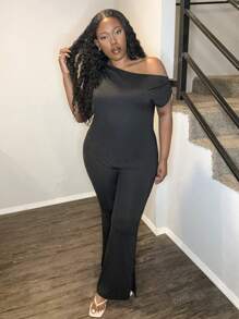 Truni Plus Size Asymmetrical Neck Short Sleeve Simple Jumpsuit Casual Everyday Wear Black Slim-Fit Jumpsuit