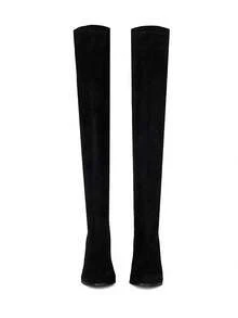 Women Minimalist Over The Knee Back Chunky Heeled Faux Suede Classic Sock Boots,Match Any Jeans - Black - View 11
