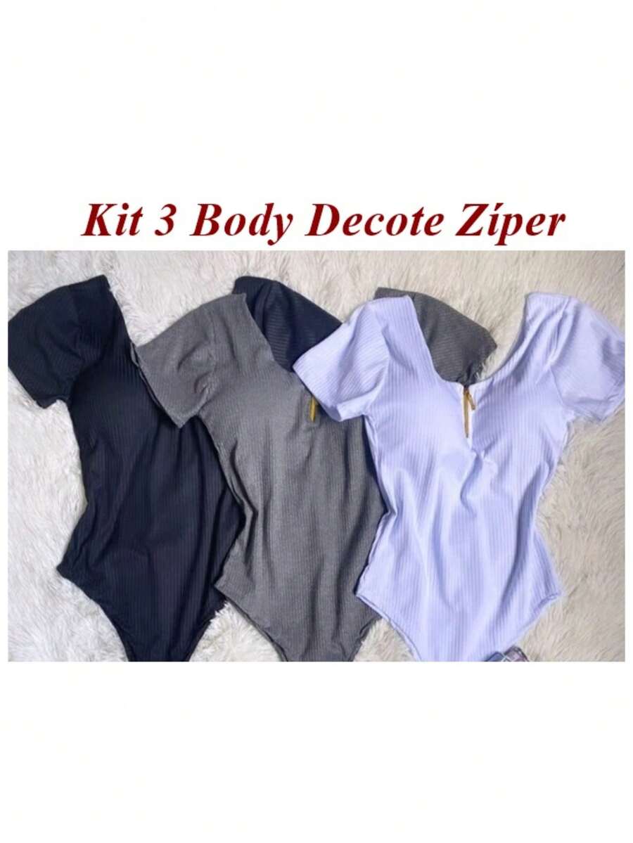 Kit 3 Assorted Bodysuits With Sleeves And Zipper Neckline - Trắng/Đen/Xám - Xem 1