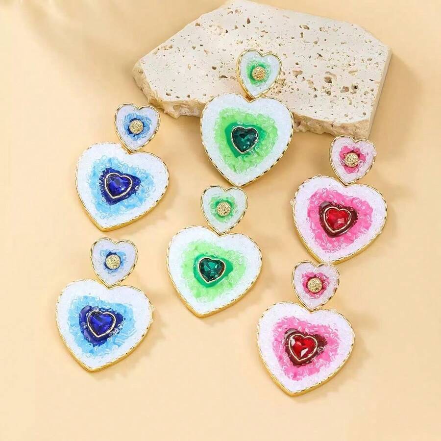 1 Pair Multi-Layer Heart Shaped Colorblock Fashion Earrings For Women