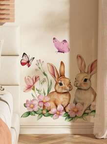 1 Set Cartoon Animal Wall Stickers, Rabbit, Floral, Cat Decals, For Children's Room, Living Room, Bedroom, Study