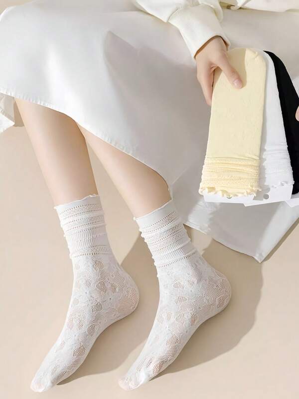 10 pièces Chaussettes courtes en dentelle pour femmes, chaussettes en dentelle fines et respirantes pour l'été, convenant aux chaussures Babies, chaussettes mi-mollet avec bordure plissée