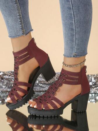 Summer Women's Peep-Toe Shoes, PU Leather With Rhinestone Hollow-Out Open Toe Platform Wedge Sandals, Solid Color Versatile Design