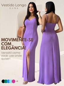 Long Plain Dress With Slit And Adjustable Straps For Wedding Party Bridesmaid Guest - Lilac Purple - View 1
