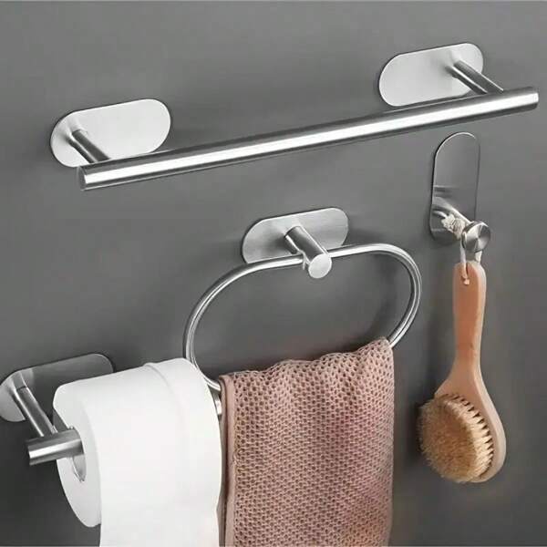 Juego de 4 accesorios para el baño: toallero de acero inoxidable en negro mate montado en la pared, portarrollos de papel higiénico, estantería de tubo de alta resistencia, y organizador de espacio para baño. Vuelta al cole.