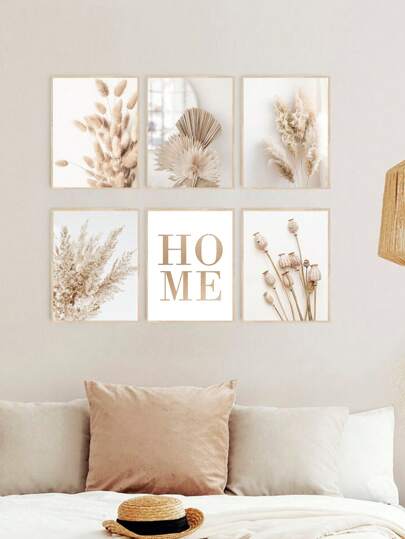 6 Pieces Beige Art Prints Pampas Dried Grass Canvas Painting Palm Leaf Print Pictures Boho Wall Poster Reed Wall Paintings Autumn Winter Hang Pictures Nordic Wall Posters Living Room Decor No Frame,Wall Art Gifts Birthday Graduation