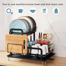 Dish Drying Rack Drainboard, Large 2 Tier Metal Dish Racks With Drainage, Glass Holder, Utensil Holder And Extra Drying Mat, Dish Drainers For Kitchen Counter, Black - Black - View 4