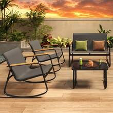 4-Piece Outdoor Patio Furniture Set, All Weather-Resistant Textile Fabric Outdoor Conversation Set With Coffee Table, Patio Rocking Chairs For Lawn, Balcony, Poolside,Outdoor Furniture - Black - View 9