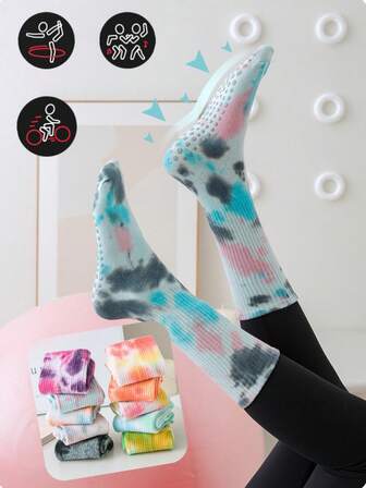 1 Pair Women Non-Slip Sport Socks, Mid-Calf Pilates Grip Socks, Tie-Dye Yoga Pilates Non-Slip Socks, Suitable For Yoga, Pilates, Running, Sports & Fitness