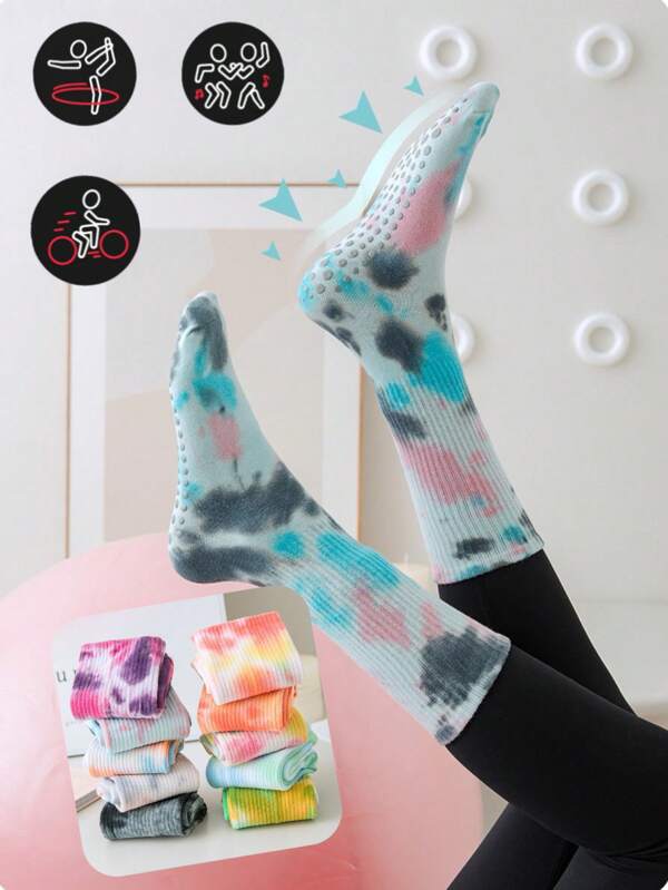 1 paire de chaussettes de sport antidérapantes pour femme, chaussettes Pilates mi-mollet avec bandes de préhension, chaussettes Yoga Pilates antidérapantes tie-dye, convient pour le yoga, le Pilates, la course, les sports et la fitness