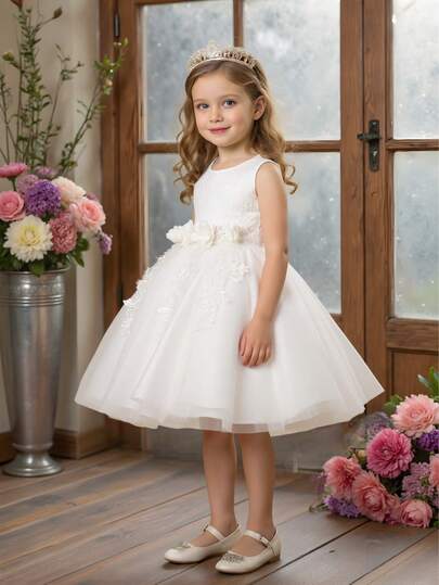 Girls Elegant White Communion Party Dress For Wedding, Birthday, Holiday, Midi Sleeveless Lace Embroidered Princess Tulle Dress For Toddler, Little & Big Kid