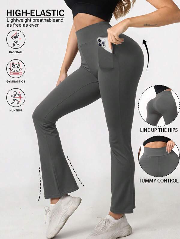 Women Pocket Flared Pants Seamless High Waisted Wide Leg Yoga Pants Tummy Control Soft Butt Lifting Breathable Leggings Outdoor Workout Gym Full Stretch Fitness Pants Workout Sets Women