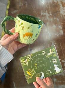 Valentinstags-Geschenke: 300ml natürliche Blumen Keramiktasse, handbemalte Tier Frühstückstasse, Paar Cartoon Gewebemuster Kaffeetassen-Set, Büro Zuhause Latte Kunst Tasse