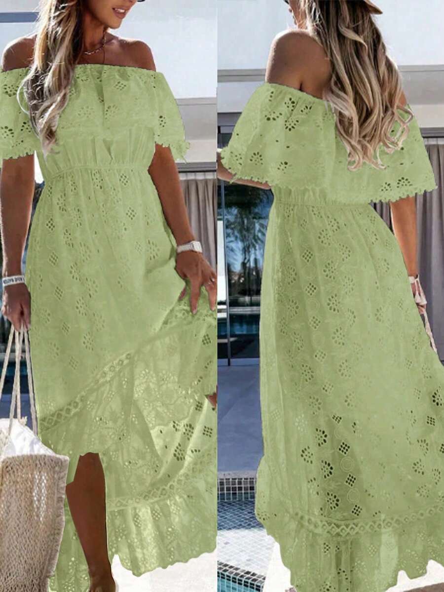 Solid Color Hollow Out Embroidered Lace Trim Off-Shoulder Ruffle Hem Dress, Boho & Bohemian Style, Spring/Summer - Aqua Green - View 1
