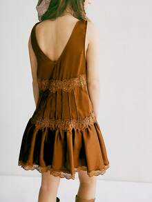 Womens Y2k Mini Dress Solid Color Lace Trim Ruffle V-Neck A Line Short Dresses Sleevelss Drop Waist Short Tunic Dress Summer Beach Sundress