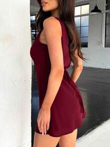 Jednolity kolor Elegancka swobodna szyfonowa sukienka midi z zamkiem błyskawicznym i falbanką na biuście, odpowiednia na plażę, wiosnę i lato