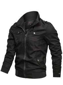 Men's Cargo Style Jacket With Color Block And Zipper, Suitable For Spring And Autumn Wear, Solid Color Slim Fit Men's Jacket, Suitable For Gifting To Family, Husband, Or Boyfriend - 黑色 - 查看 1
