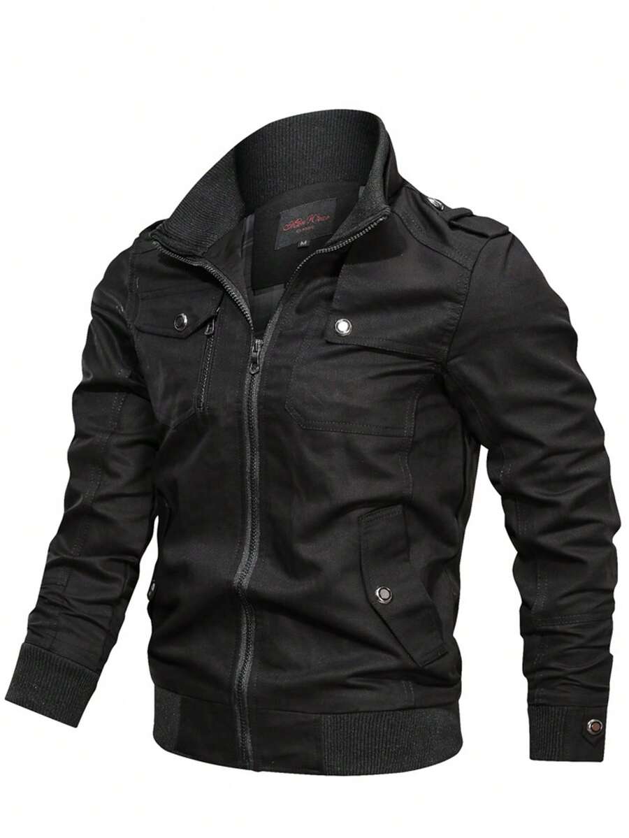 Men's Cargo Style Jacket With Color Block And Zipper, Suitable For Spring And Autumn Wear, Solid Color Slim Fit Men's Jacket, Suitable For Gifting To Family, Husband, Or Boyfriend - 黑色 - 查看 1