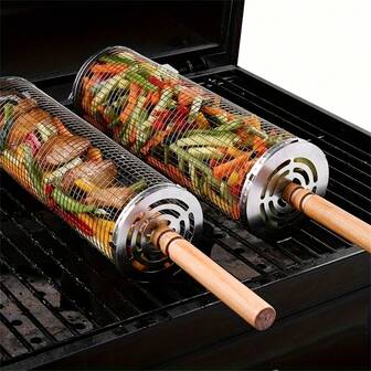 Stainless Steel Grill With Detachable Wooden Handles, Perfect For Outdoor Picnics And Barbecues. No Need To Worry About Grilling Vegetables And Shrimp.