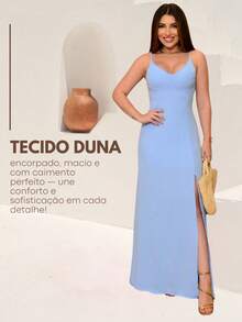 Long Plain Dress With Slit And Adjustable Straps For Wedding Party Bridesmaid Guest - 淺藍色 - 查看 5