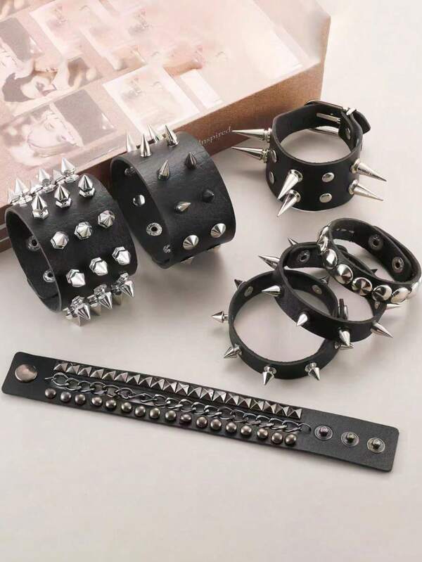 3pcs/Set Japanese Harajuku Lolita Cosplay Punk Rock Studded Bracelet, Unisex Hip-Hop Leather Chain Metal Casual Couple Accessories